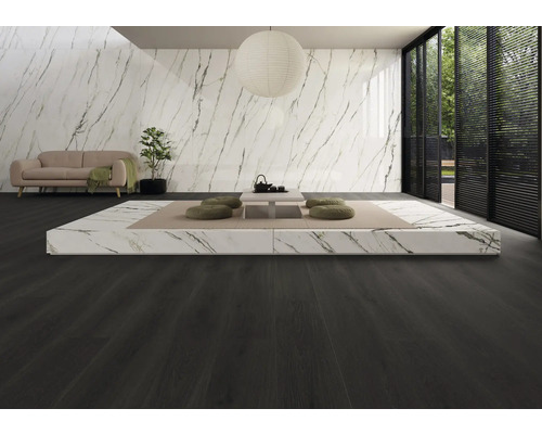 Pièce lumineuse avec canapé, plante, mur en marbre et plancher en bois foncé