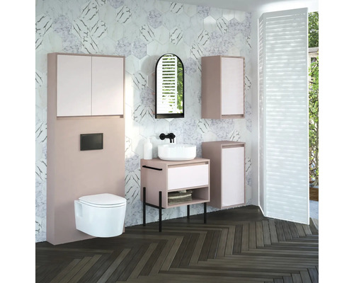 Salle de bain moderne avec lavabo, armoire de toilette, WC suspendu et carreaux de mosaïque