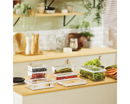 Szene einer Küche mit transparenten Frischhaltedosen gefüllt mit Lebensmitteln auf einer Arbeitsfläche