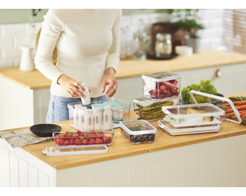 Küchenszene mit durchsichtigen Frischhaltedosen gefüllt mit unterschiedlichen Lebensmitteln