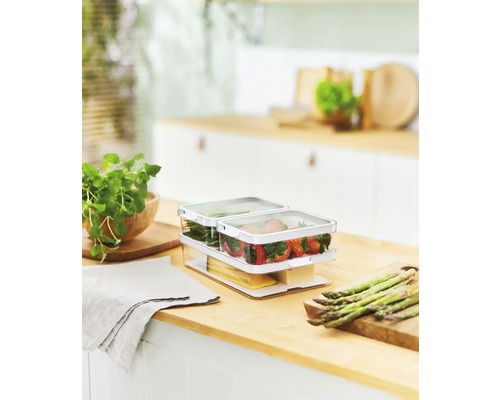 Deux boîtes de conservation transparentes contenant des légumes et des fraises sur un plan de travail clair dans une cuisine.