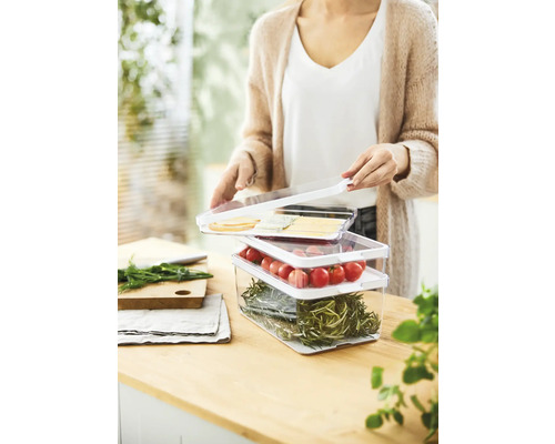 Frau öffnet transparente Frischhaltedosen mit Käse, Tomaten und Kräutern auf einer Küchentheke