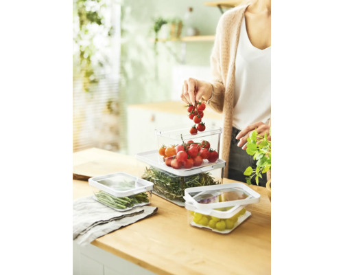 Scène avec des boîtes de conservation transparentes sur une table, remplies de divers aliments tels que des tomates et des légumes.