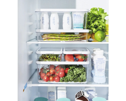 Réfrigérateur avec boîtes de rangement transparentes remplies de divers aliments