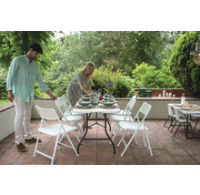 Szene im Garten mit einem Tisch und Stühlen für eine Mahlzeit im Freien.