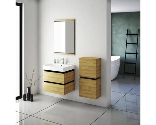 Salle de bain moderne avec meuble-lavabo, armoire de toilette et armoire haute en bois.