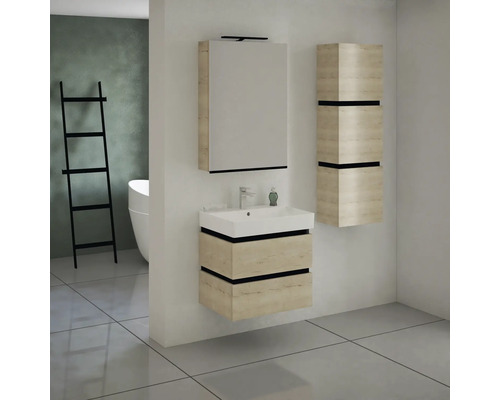 Salle de bain avec meuble sous-vasque, armoire de toilette et armoire haute au design moderne