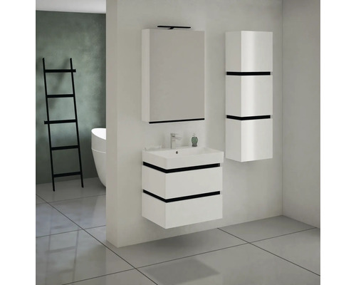 Salle de bain moderne avec meuble sous-lavabo, armoire de toilette et armoire haute