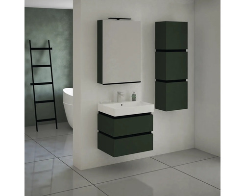 Salle de bains moderne avec meuble sous-vasque, armoire de toilette et armoire suspendue