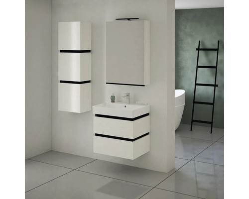 Salle de bain avec meuble sous-lavabo, armoire de toilette et armoire haute