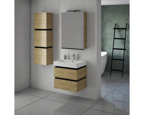 Salle de bains avec meuble-lavabo, armoire de toilette et armoire haute aspect bois