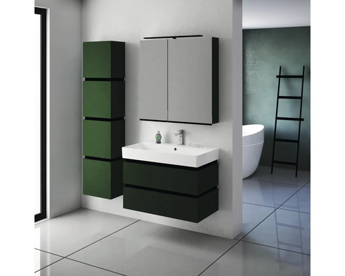 Salle de bains moderne avec lavabo, meuble sous-lavabo, armoire de toilette et armoire haute