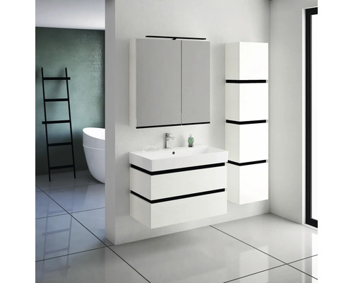 Salle de bain moderne avec meuble sous-lavabo, armoire de toilette et armoire haute