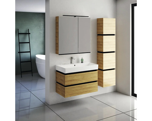 Salle de bains avec meuble-lavabo, armoire de toilette et armoire haute en bois