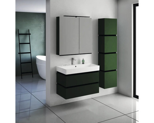 Salle de bain avec meuble sous-lavabo, armoire de toilette et armoire haute