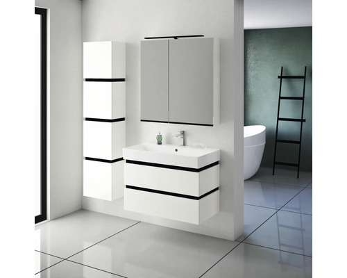 Ensemble de salle de bains moderne avec meuble sous-lavabo, armoire de toilette et armoire haute.