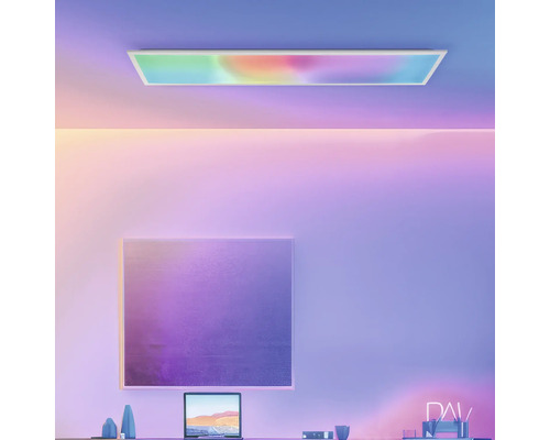 Büroraum mit Schreibtisch, Laptop, Bild und Deckenleuchte