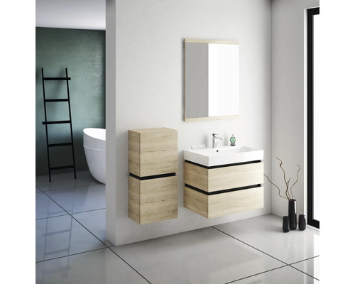 Salle de bains avec meuble sous-lavabo, armoire de toilette et armoire haute aspect bois