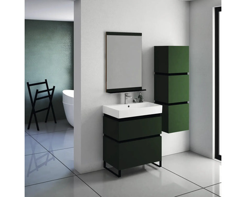 Salle de bains moderne avec meuble sous-lavabo, miroir et armoire suspendue