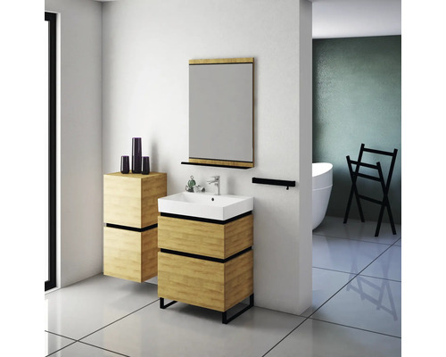 Salle de bain moderne avec lavabo, meuble sous-vasque, miroir et porte-serviettes