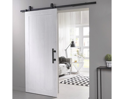 Ensemble complet de porte coulissante Intersteel Pure Barn Door Basic -Top noir 93x211,5 cm avec vantail de porte blanc, ferrure de porte coulissante Basic Top et ensemble de poignée