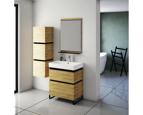 Salle de bains moderne avec meuble-lavabo, armoire de toilette et armoire haute en aspect bois.