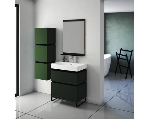 Salle de bain moderne avec lavabo, armoire de toilette et armoire haute en vert