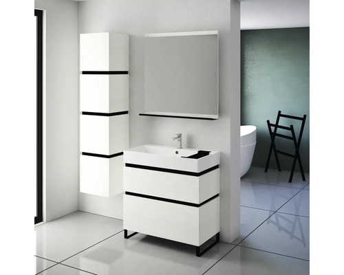 Salle de bains moderne avec meuble sous-lavabo, armoire de toilette et armoire haute