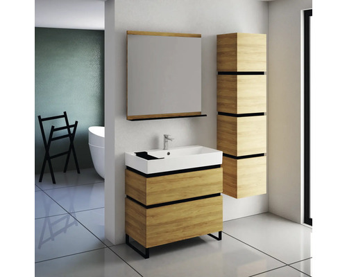 Salle de bain avec meuble sous-lavabo, miroir et armoire haute aspect bois