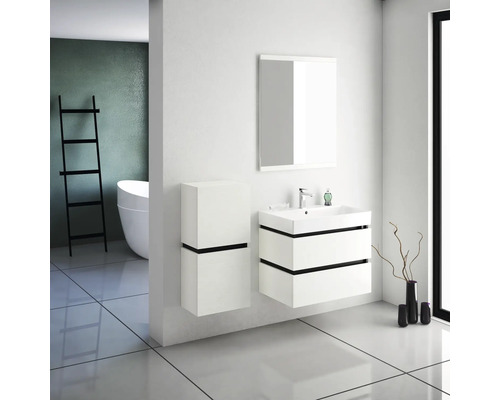 Modernes Badezimmer mit Waschtisch, Spiegelschrank und Hochschrank in Weiss