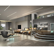 Wohnzimmer mit Couch, Fernseher, Kamin und Küche auf zwei Ebenen