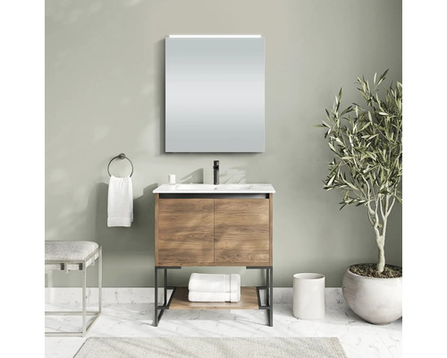 Salle de bains moderne avec meuble-lavabo, miroir, serviette et plante.