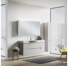 Salle de bain moderne avec meuble-lavabo, armoire de toilette et armoire haute