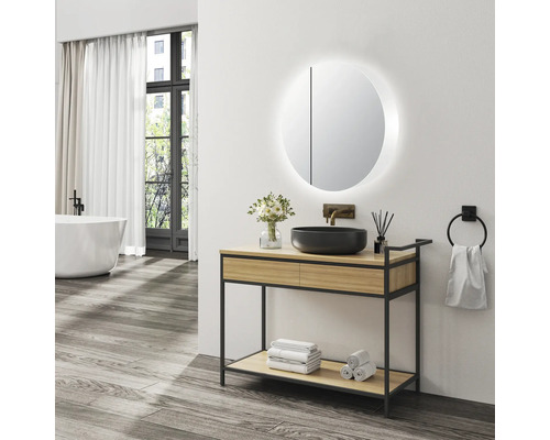 Salle de bain moderne avec meuble-lavabo, vasque à poser et miroir rond avec éclairage