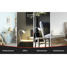 Vier Anwendungsbeispiele für eine Klemmleuchte: Kinderzimmer, Büro, Wohnzimmer und Schlafzimmer.