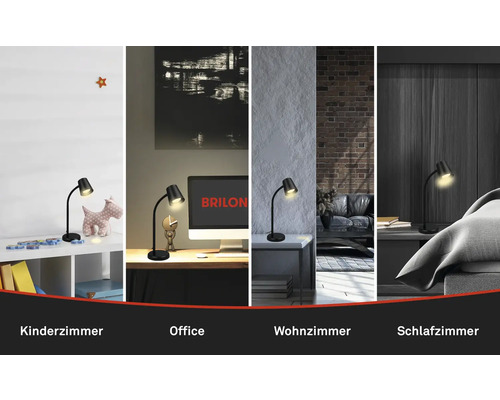 Tischleuchte in verschiedenen Umgebungen: Kinderzimmer, Büro, Wohnzimmer und Schlafzimmer