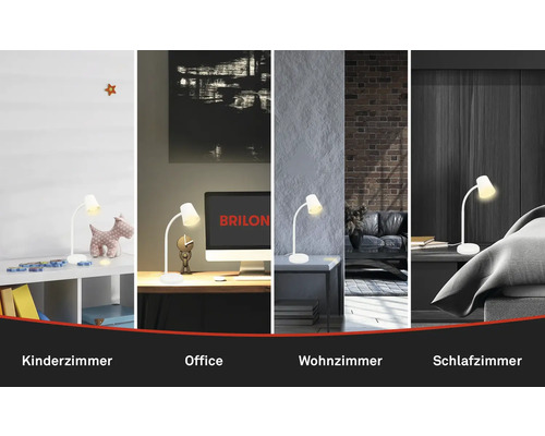 Tischleuchte in verschiedenen Umgebungen: Kinderzimmer, Büro, Wohnzimmer und Schlafzimmer