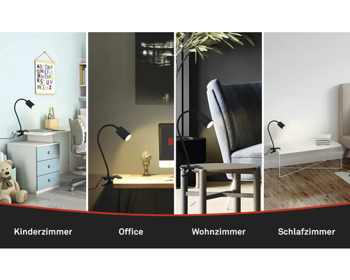 Verschiedene Räume mit einer Klemmleuchte als Lichtquelle