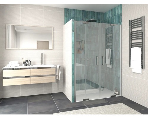 Salle de bain moderne avec cabine de douche, meuble-lavabo et sèche-serviettes