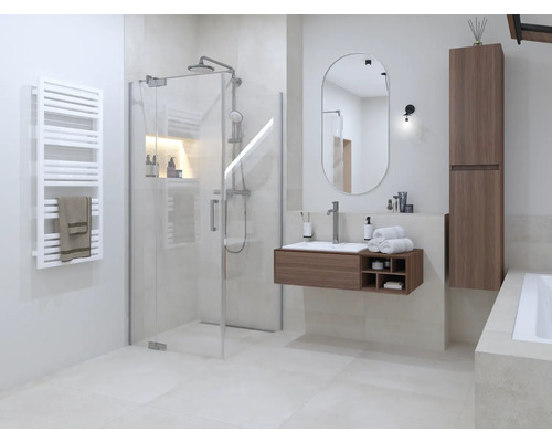 Salle de bains lumineuse avec douche, meuble sous-lavabo, miroir, sèche-serviettes et baignoire