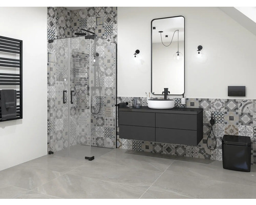 Modernes Badezimmer mit Dusche, Waschbeckenunterschrank und Mosaikfliesen