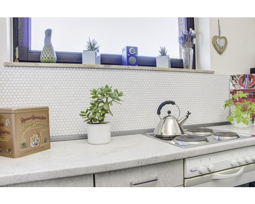 Scène de cuisine avec cuisinière, plan de travail, carrelage et décorations