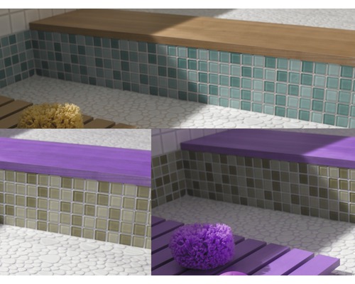 Détails de salle de bains avec motif de carreaux et tapis de bain