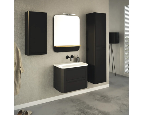 Modernes Badezimmer mit schwarzem Waschtisch, Spiegelschrank und Hochschrank für eine stilvolle Einrichtung