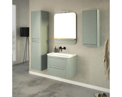 Modernes Badezimmer mit Waschtischunterschrank, Spiegelschrank und Hochschrank für Badezimmerutensilien