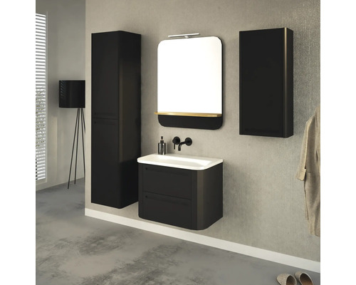 Modernes Badezimmer mit Waschtischunterschrank, Spiegelschrank und Hochschrank in dunkler Ausführung