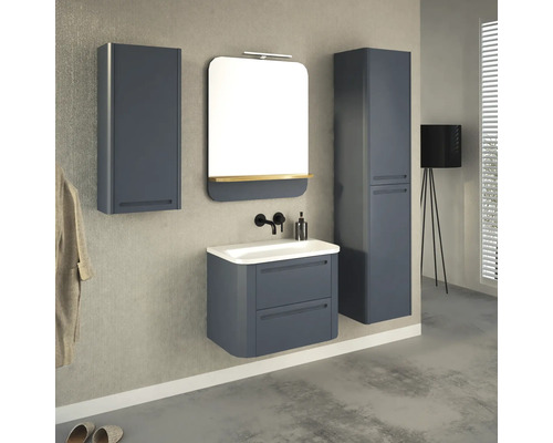 Salle de bains moderne avec meuble sous-lavabo, armoire de toilette et armoire haute