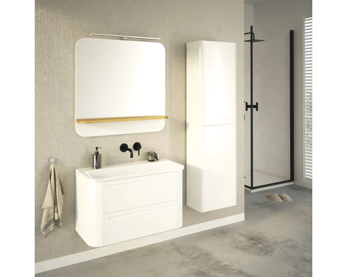 Modernes Badezimmer mit Waschtisch, Spiegel, Hochschrank und Dusche