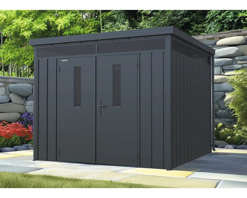 Gartenhaus Konsta Premium Systemhaus 7,5 m² 274 x 274 cm schwarz, inkl. Regenablaufrohr Metall Gerätehaus mit Doppeltür im Garten