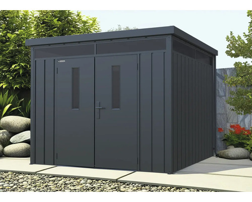 Gartenhaus Konsta Premium Systemhaus 10 m² 314 x 314 cm schwarz, inkl. Regenablaufrohr Metall Gerätehaus mit Doppeltür und Fenster
